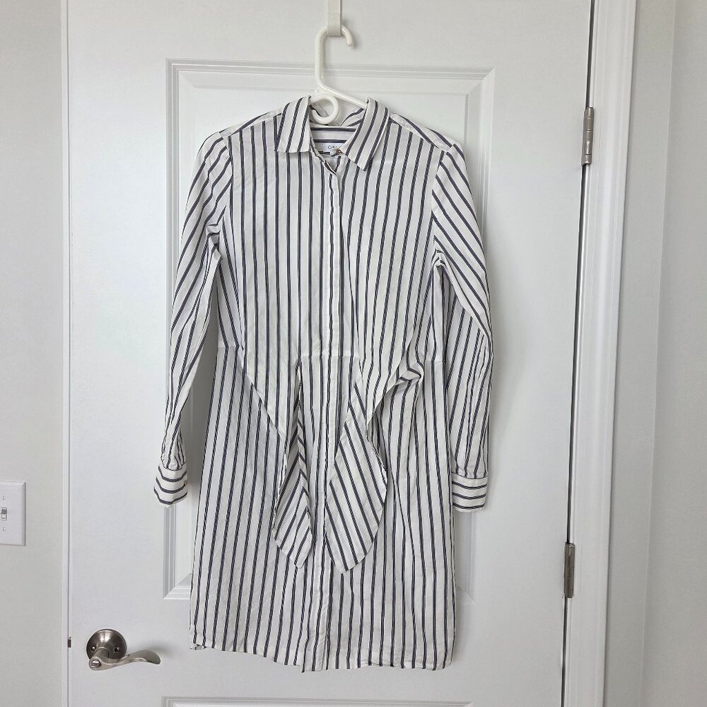 Vintage Calvin Klein Women Shirt Dress Pin Stripe Tie Waist 4 Retro Y2K
